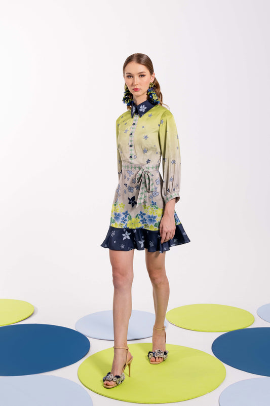 VT 8789 RUNI Satin Mini-dress with Ruffles