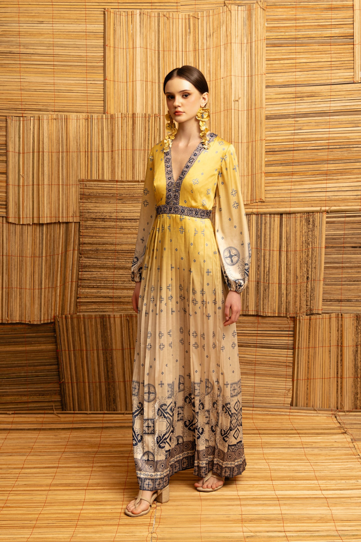 VT 8879 Lawa Satin Maxi Dress with Pleated Skirt in Mustard