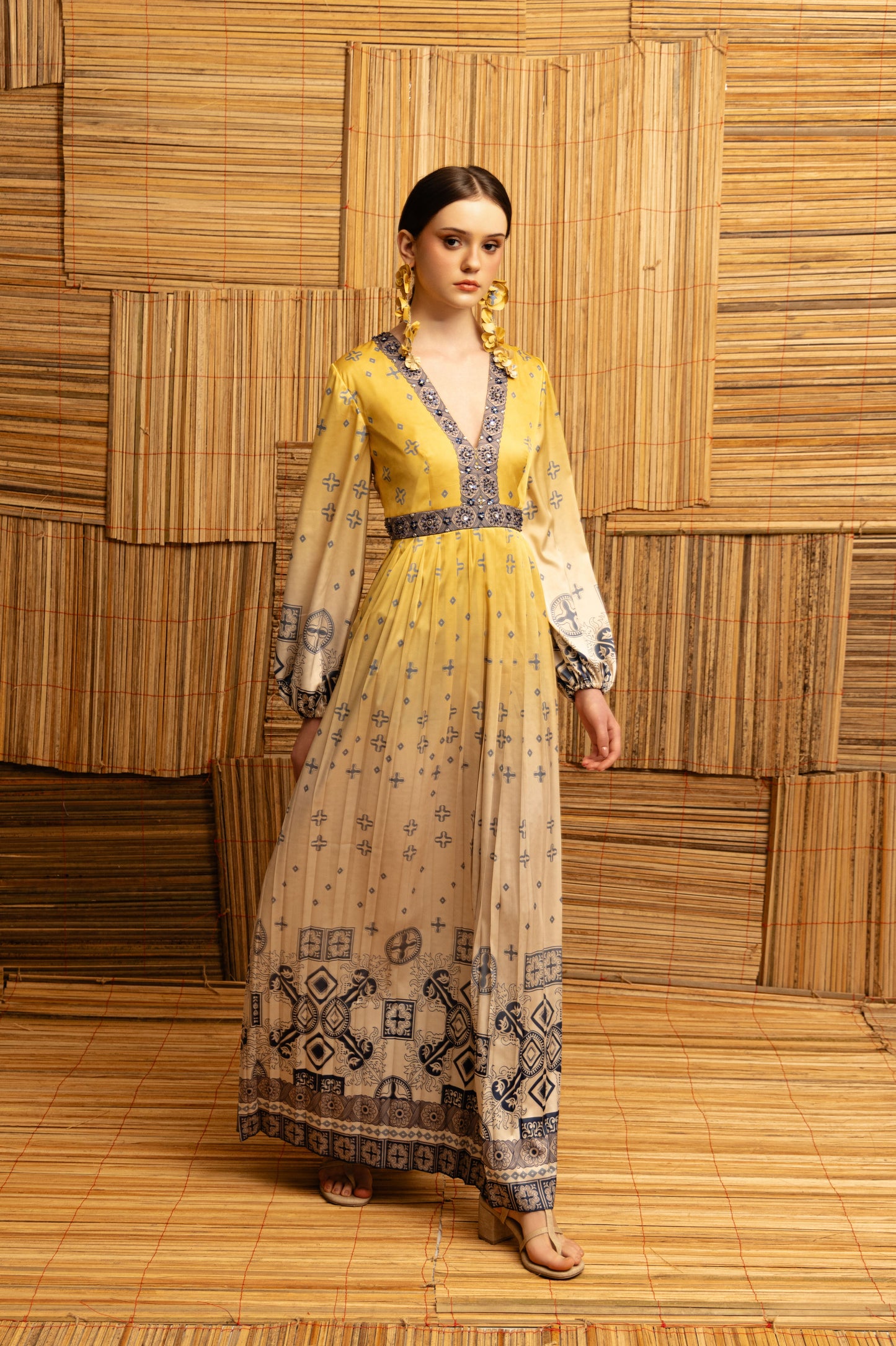 VT 8879 Lawa Satin Maxi Dress with Pleated Skirt in Mustard