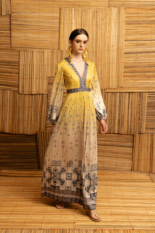 VT 8879 Lawa Satin Maxi Dress with Pleated Skirt in Mustard