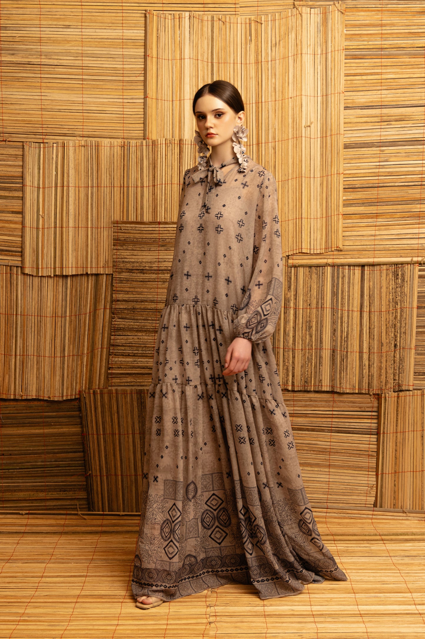 VT 8884 Lawa Chiffon Gathered Long Dress in Wheat