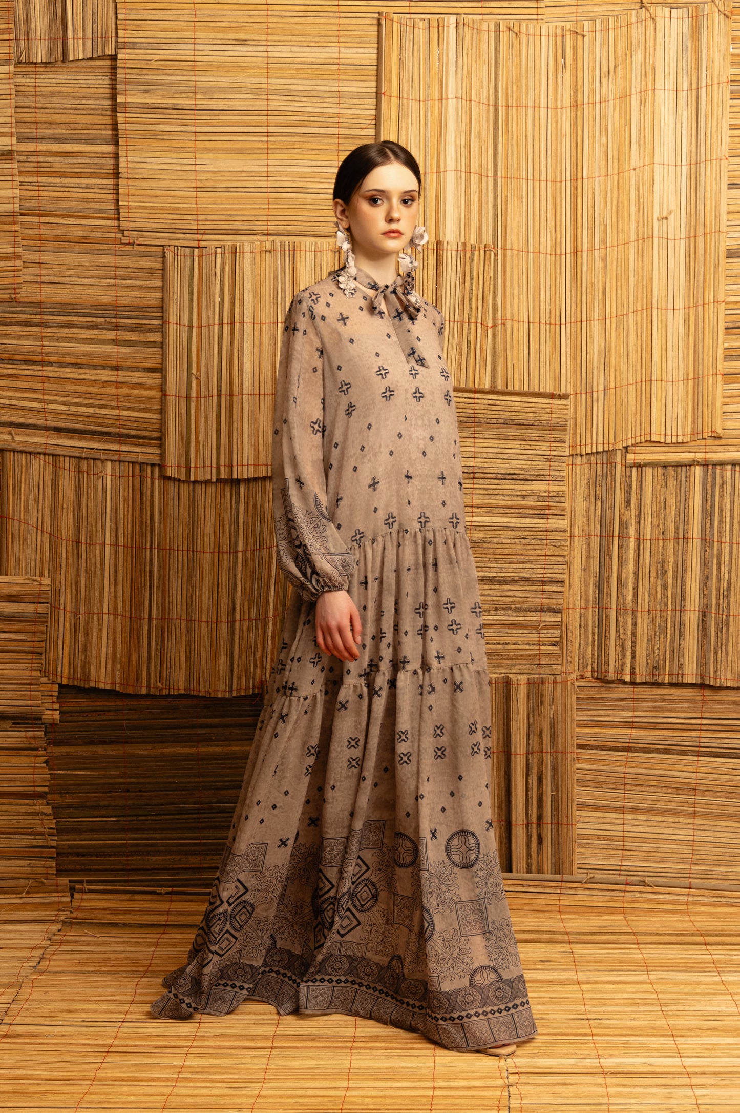 VT 8884 Lawa Chiffon Gathered Long Dress in Wheat
