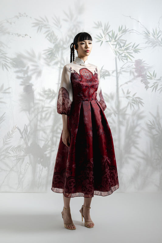 VT 8826 Hong Organdy Midi Dress with Puffed Sleeves