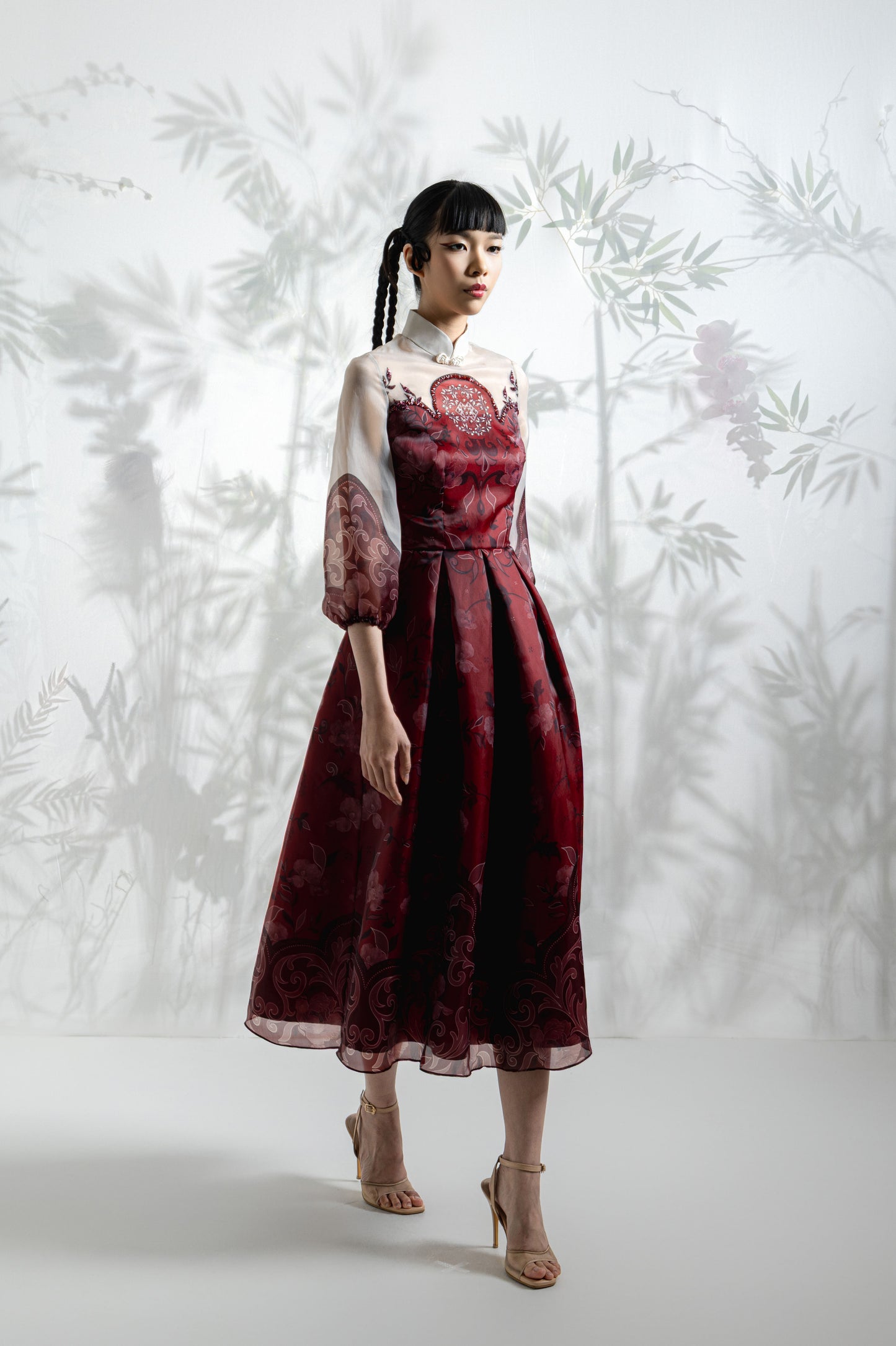 VT 8826 Hong Organdy Midi Dress with Puffed Sleeves