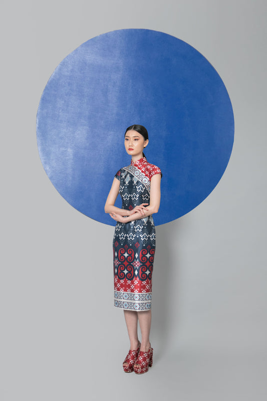 VT 8451-3 AMIRI OXFORD BLUE SHANTUNG QIPAO DRESS