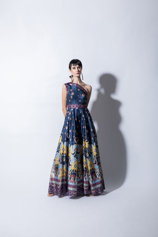 VT 8463-1 TULUR ASYMMETRICAL DRESS WITH PANELED SKIRT IN NAVY