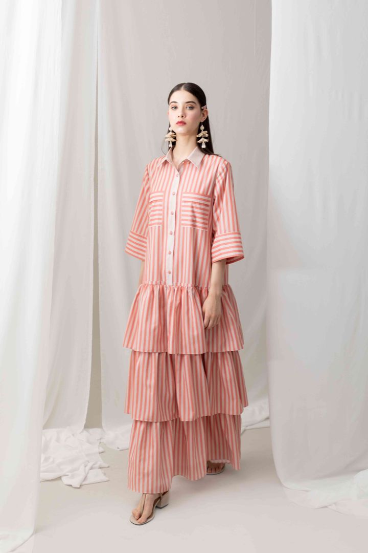 VT 8546 Stripes Cotton Paneled Dress in Apricot